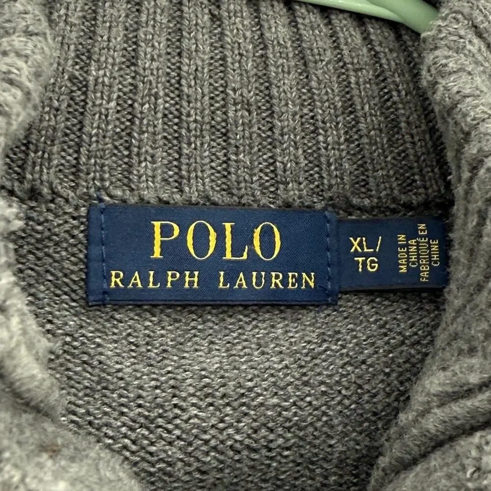Polo Ralph Lauren Sweater Mens XL Gray Cotton Knit 1/4 Button Mock Neck Pullover
